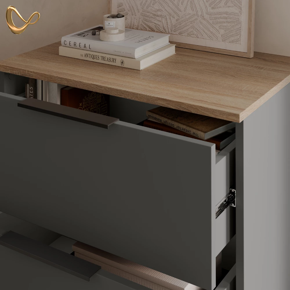 Nahaufnahme von Kommode in Anthrazit, zeigt Design- und Oberflächendetails
