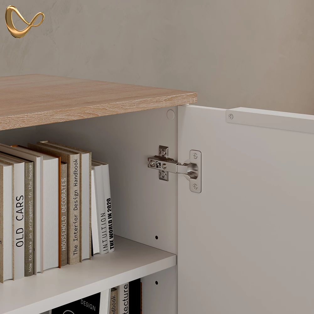 Nahaufnahme von Wohnwand in Weiß/Sonoma, zeigt Design- und Oberflächendetails