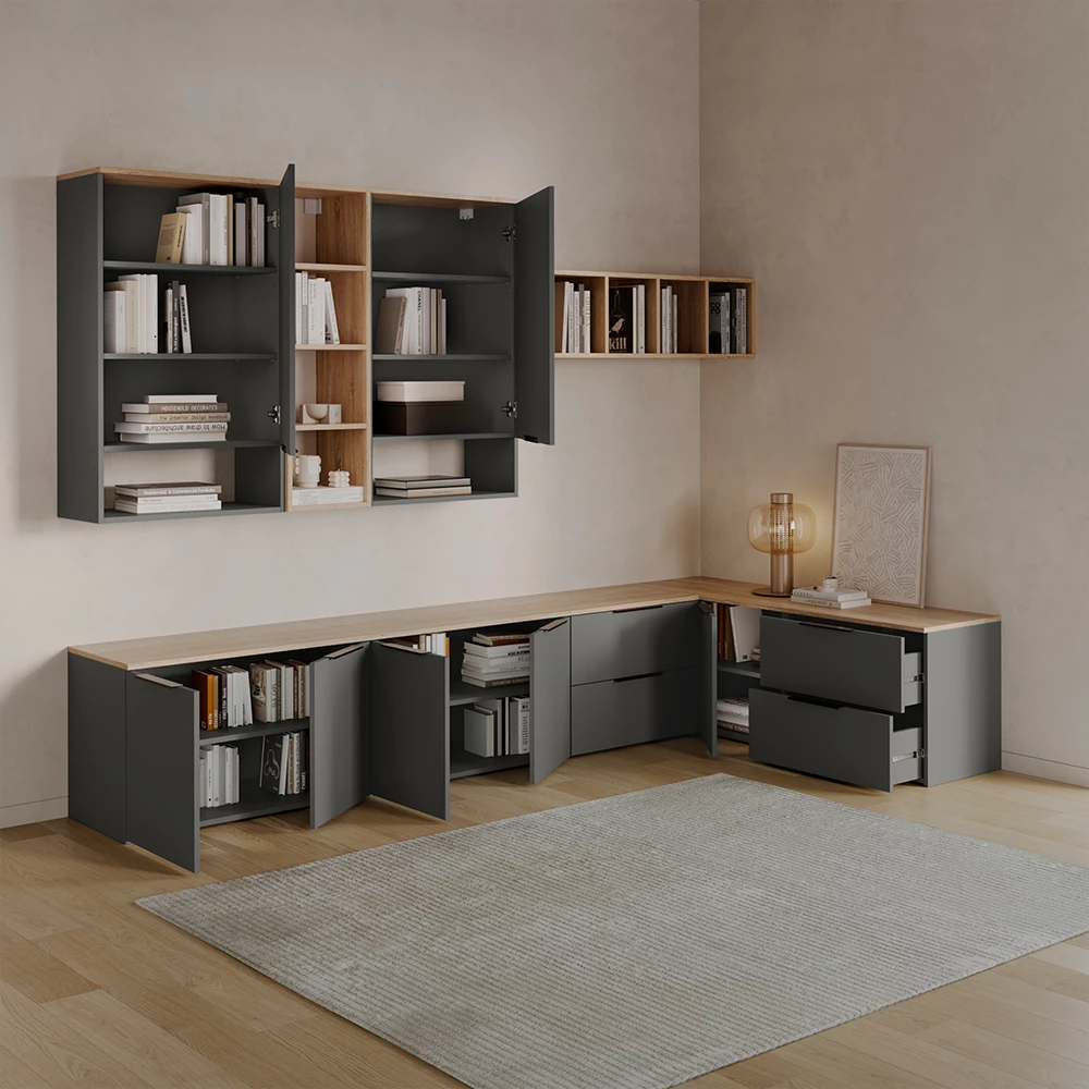 Nahaufnahme von Wohnwand in Anthrazit, zeigt Textur/Details