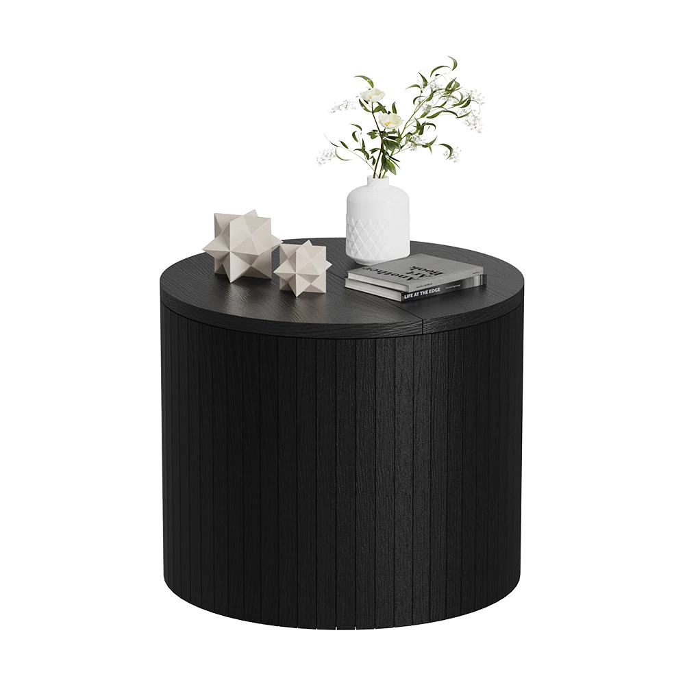 Coffee table in Oak/black on white background with decorative elements