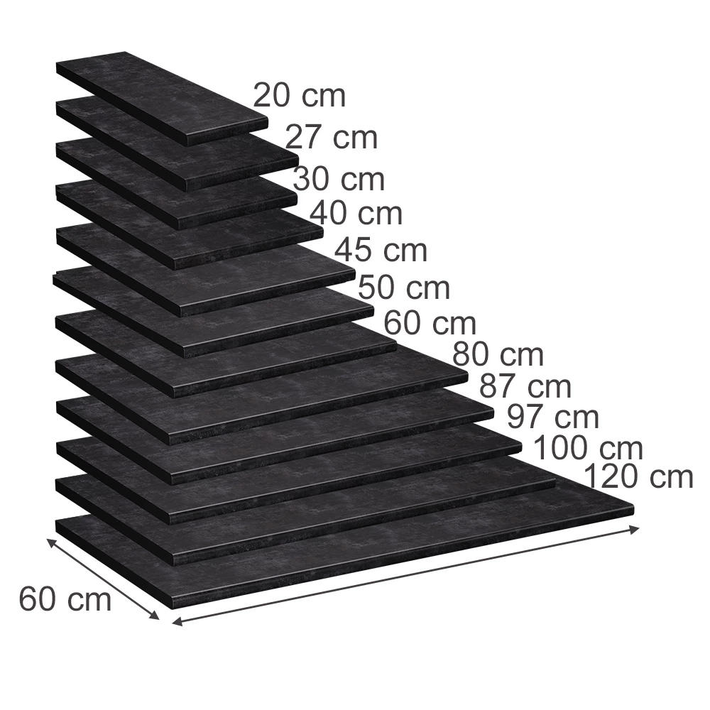 Küchenarbeitsplatte in Anthrazit auf weißem Hintergrund mit sichtbaren Maßen