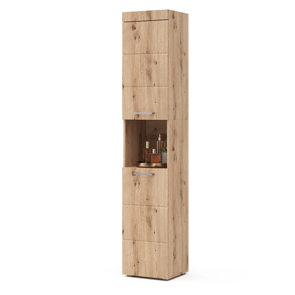 Badschrank in Eiche Wotan auf weißem Hintergrund mit dekorativen Elementen