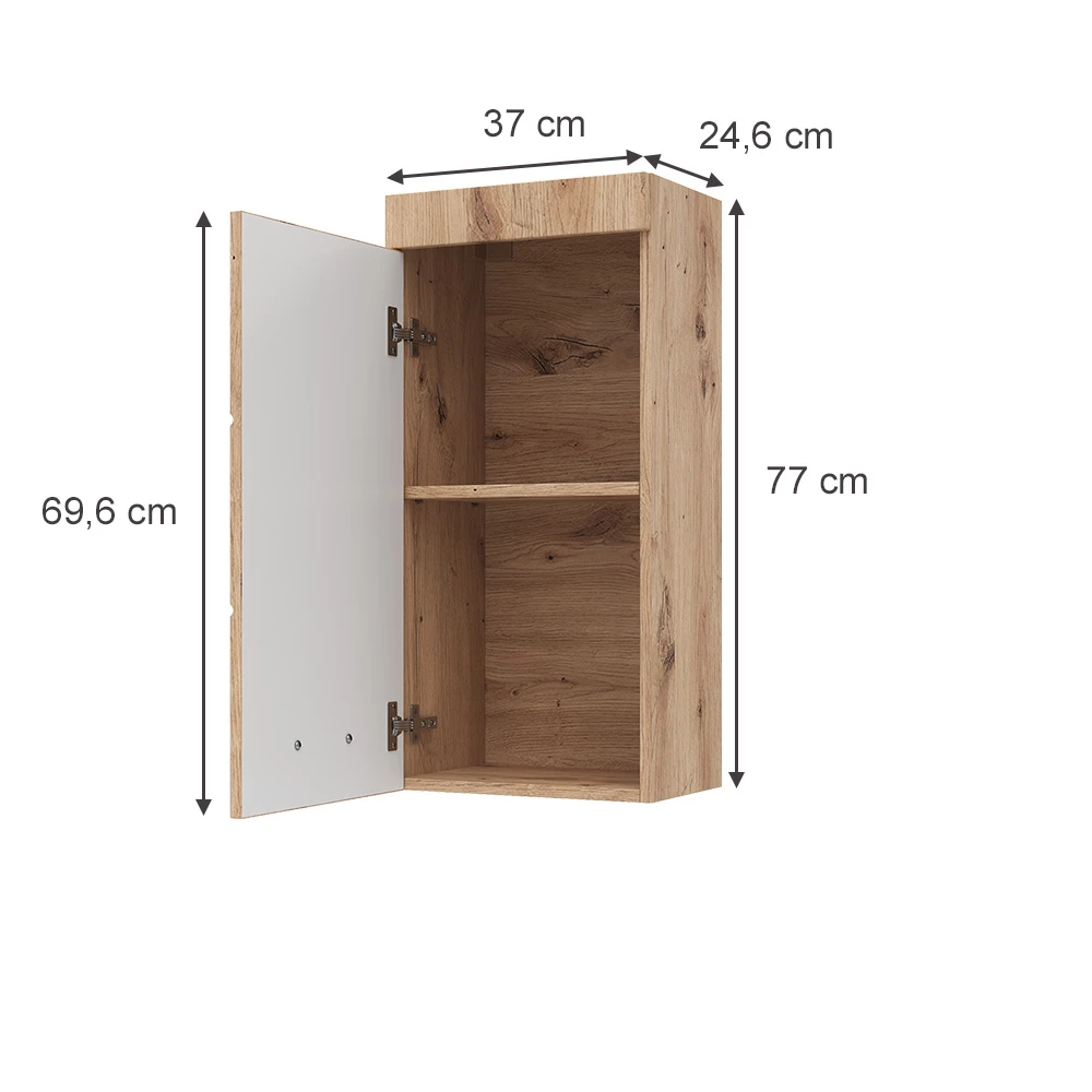 Badschrank in Eiche Wotan auf weißem Hintergrund mit sichtbaren Maßen