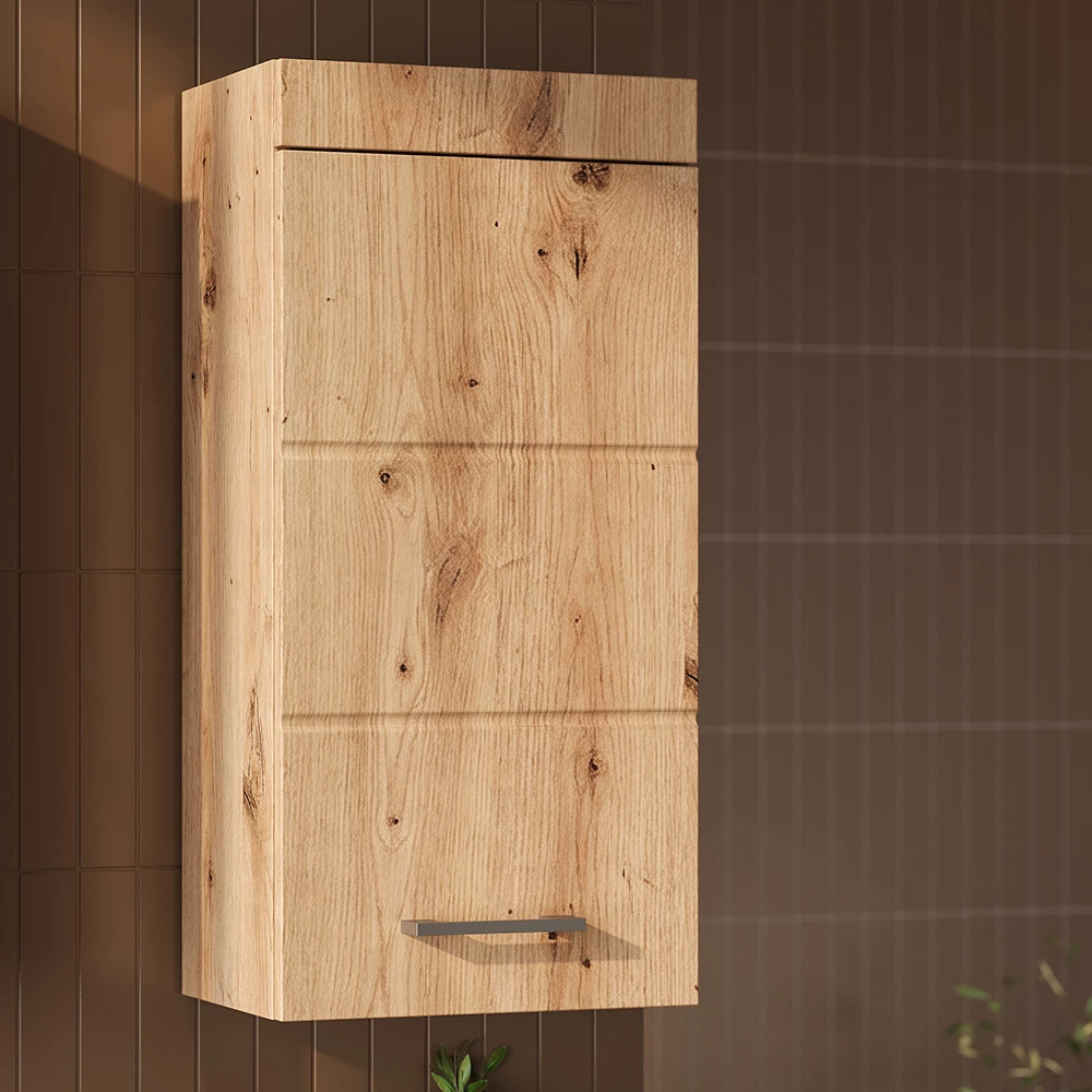 Nahaufnahme von Badschrank in Eiche Wotan, zeigt Textur/Details