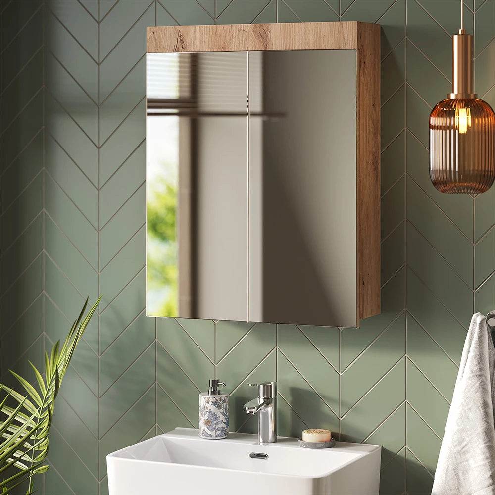 Specchio contenitore bagno in Quercia Wotan shown in ambient setting with decoration