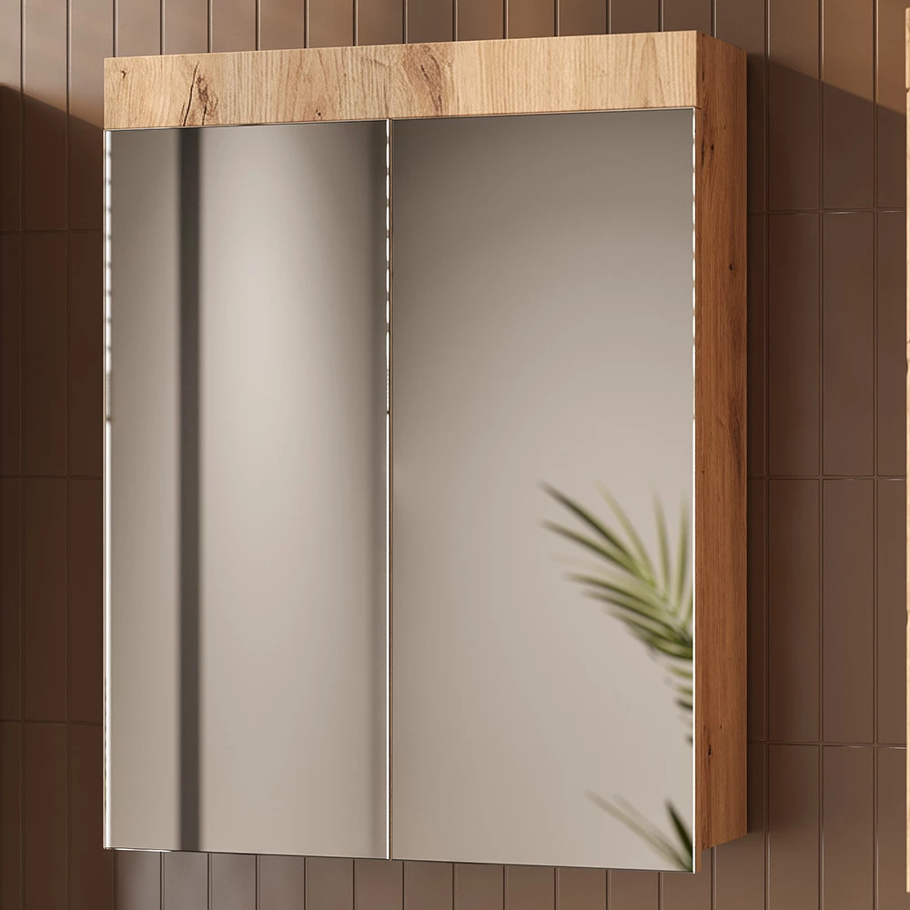 Close-up of Specchio contenitore bagno in Quercia Wotan, showing texture/details