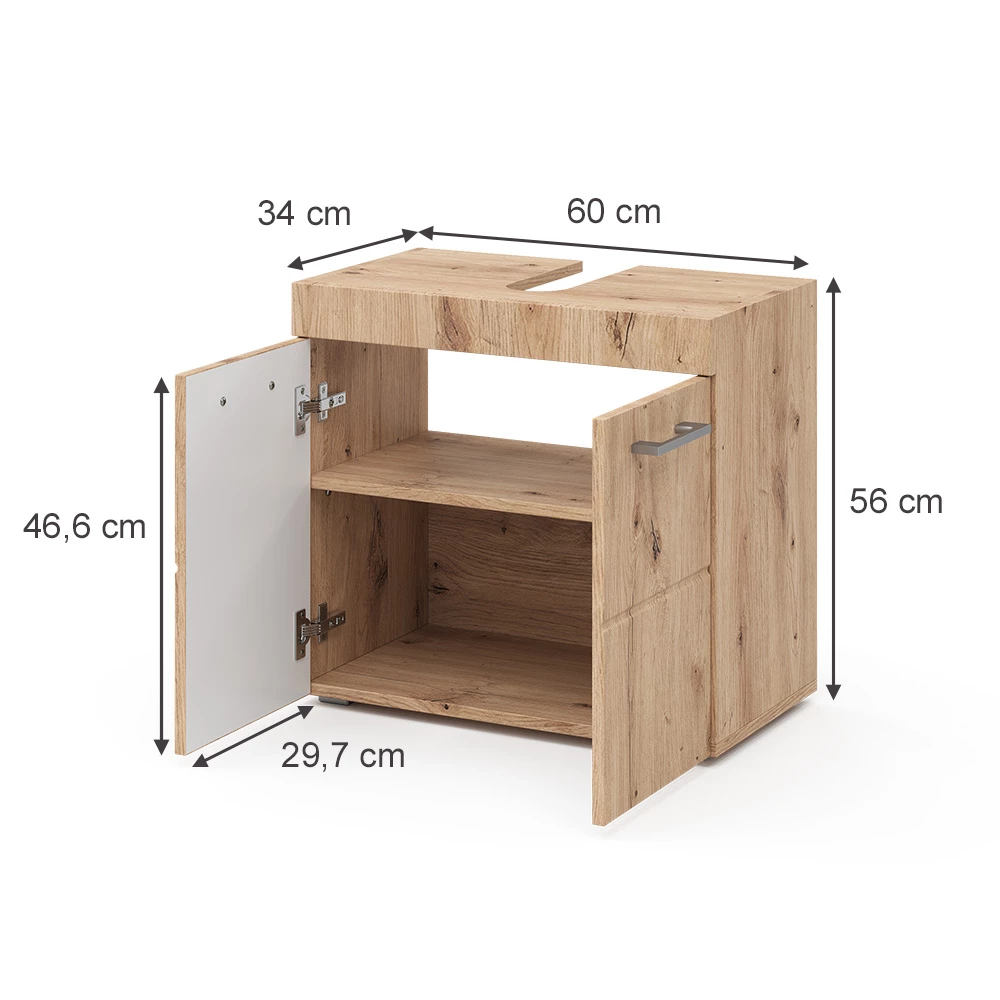 Waschbeckenunterschrank in Eiche Wotan auf weißem Hintergrund