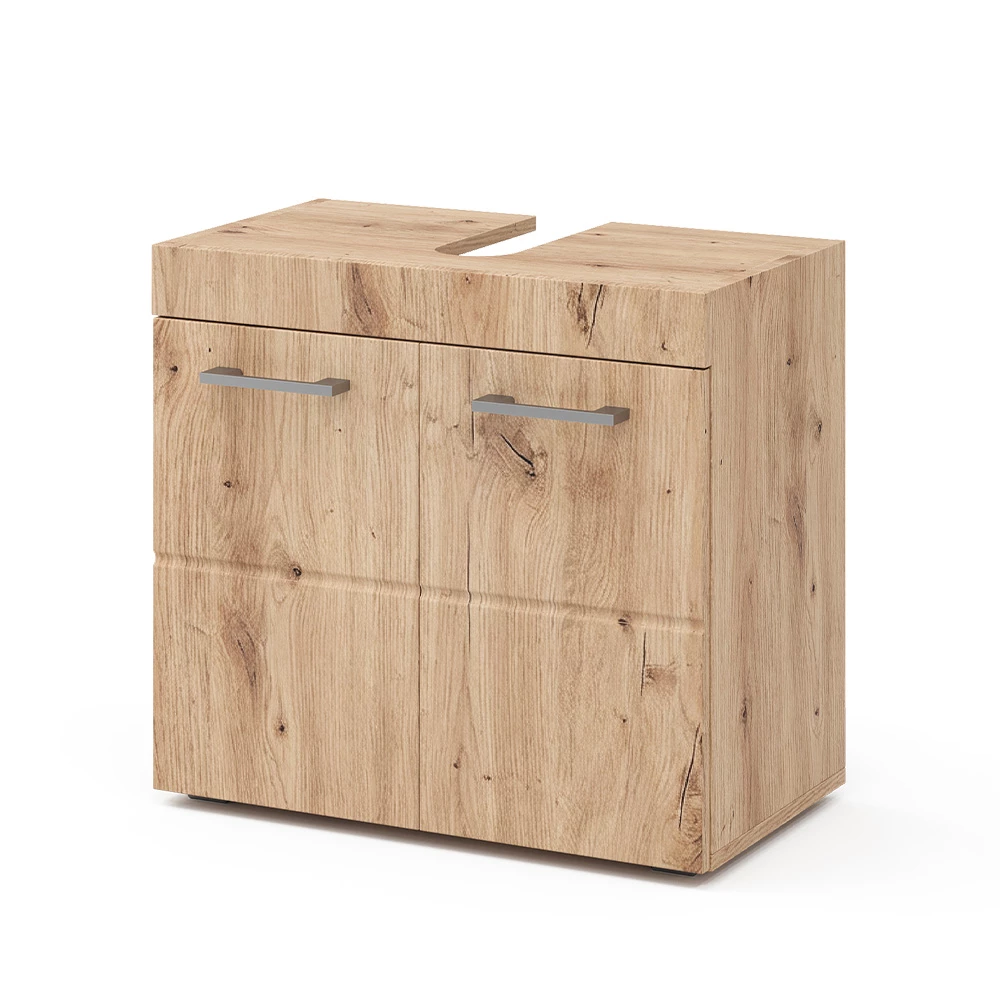 Waschbeckenunterschrank in Eiche Wotan auf weißem Hintergrund