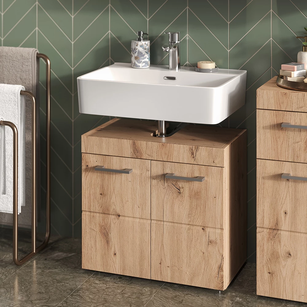 Gros plan de Meuble sous vasque simple en Chêne Wotan, montrant la texture/les détails