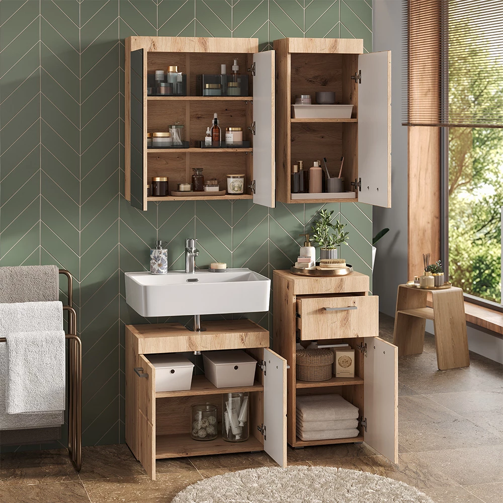 Nahaufnahme von Midischrank in Eiche Wotan, zeigt Design- und Oberflächendetails