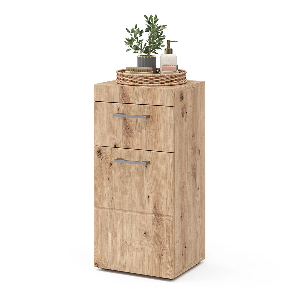 Midischrank in Eiche Wotan auf weißem Hintergrund mit dekorativen Elementen