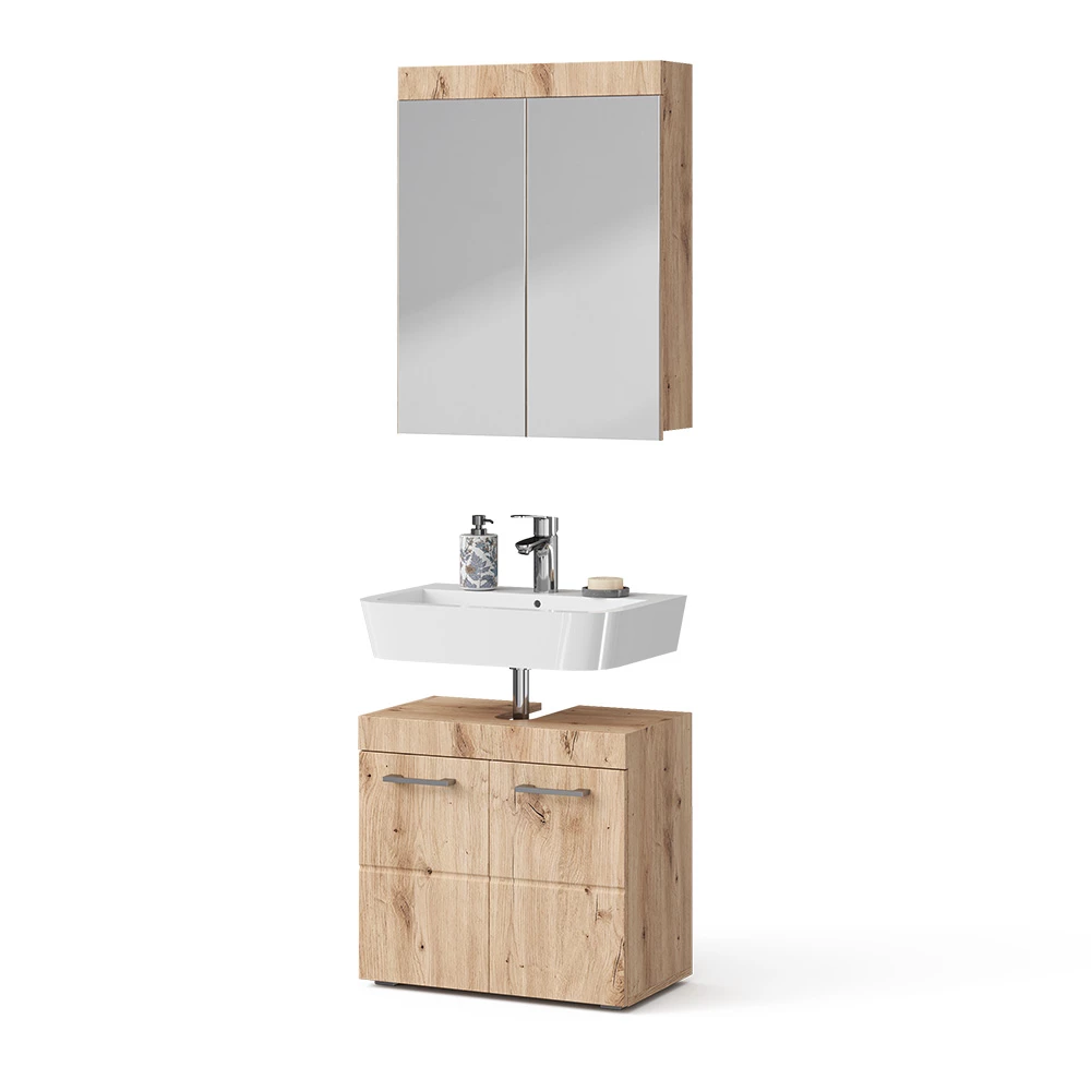 Badkamermeubel set in Eiken Wotan on white background with decorative elements