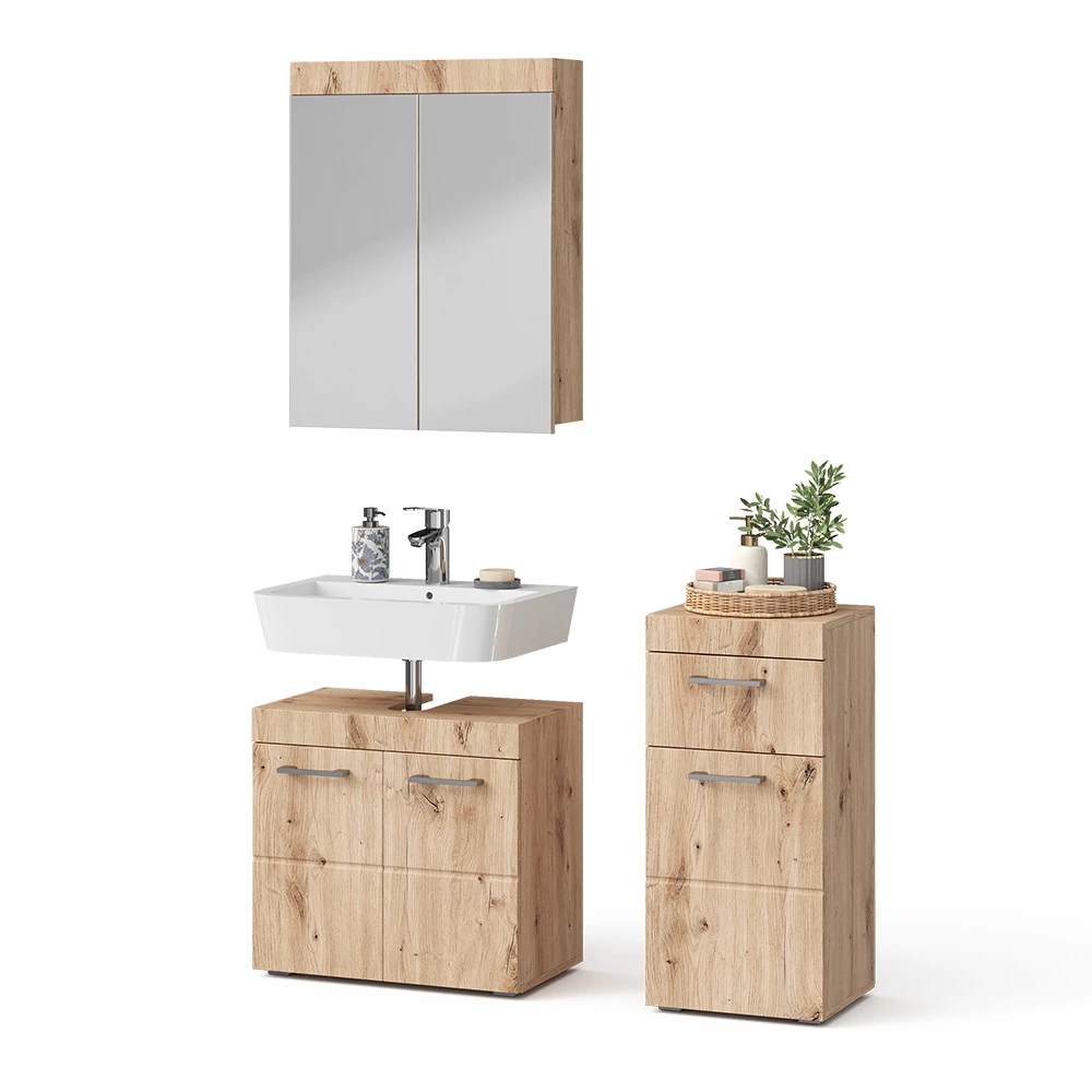 Badrumsmöbelset in Ek Wotan on white background with decorative elements