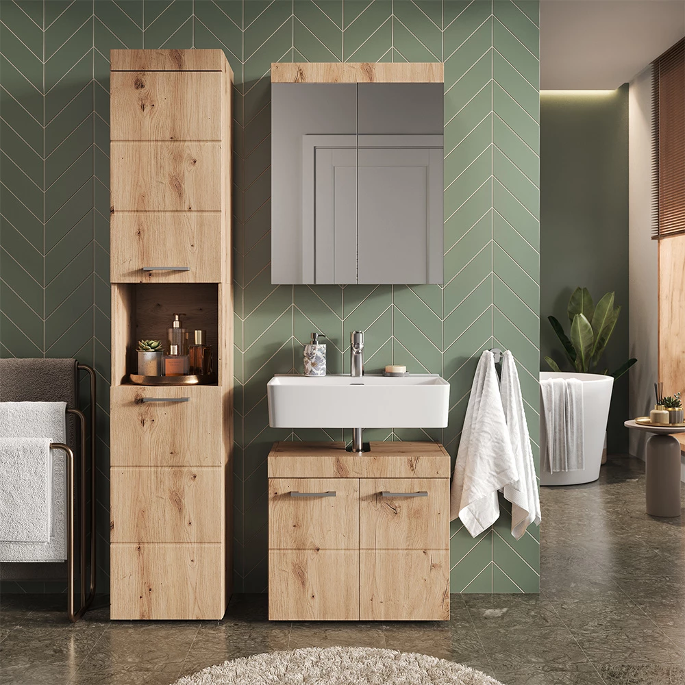 Meubles bain en Chêne Wotan, présenté dans un décor ambiant avec décoration