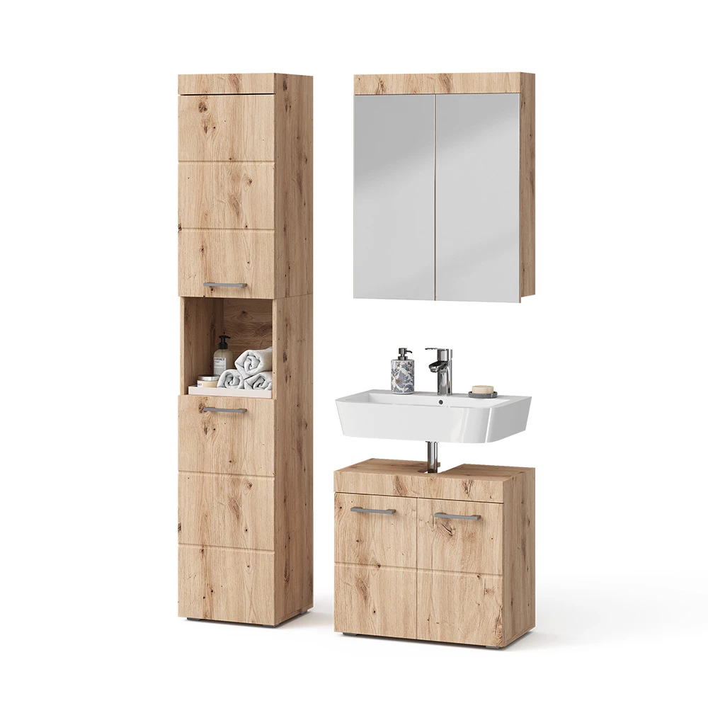 Meubles bain en Chêne Wotan sur fond blanc avec des éléments décoratifs