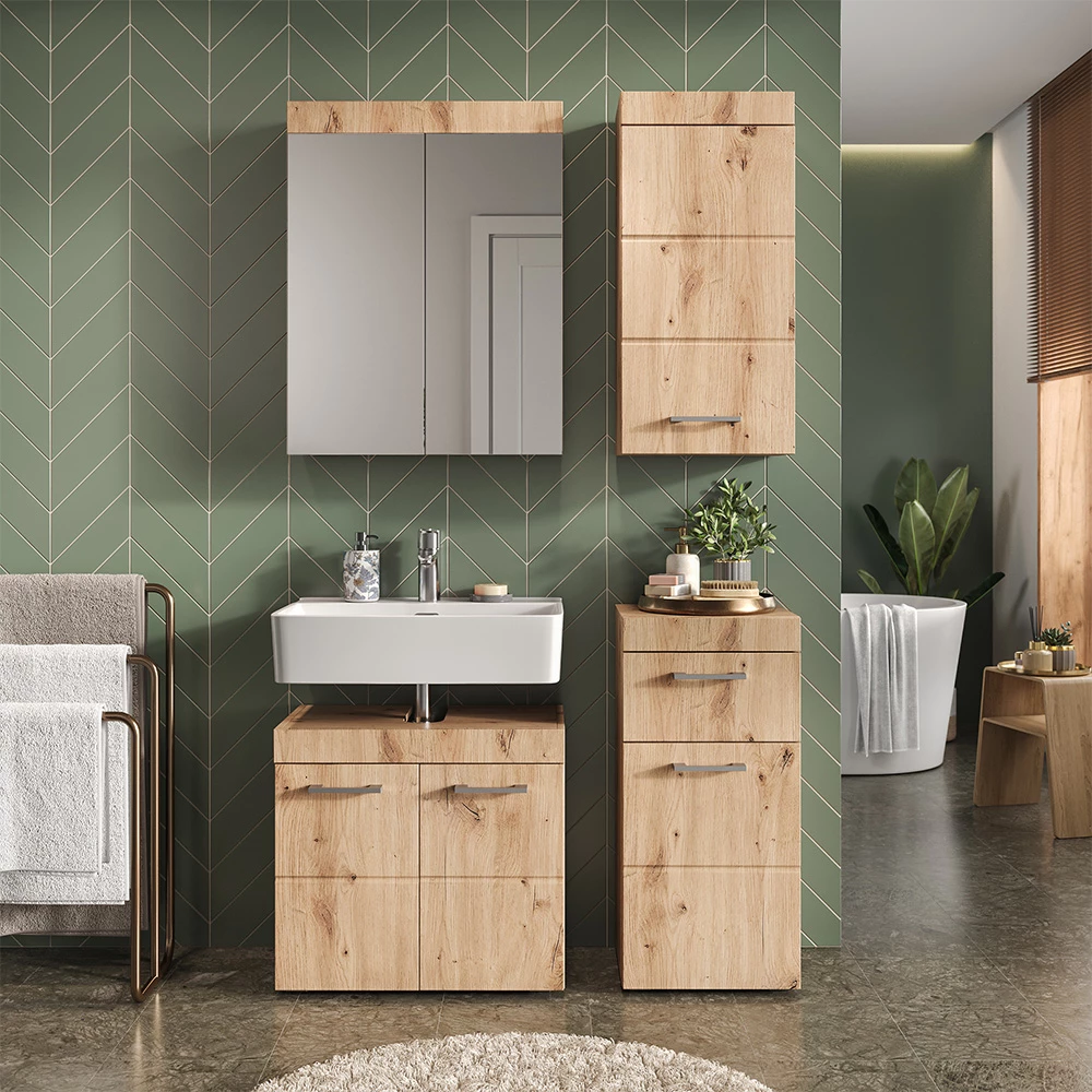 Set mobili bagno in Quercia Wotan shown in ambient setting with decoration