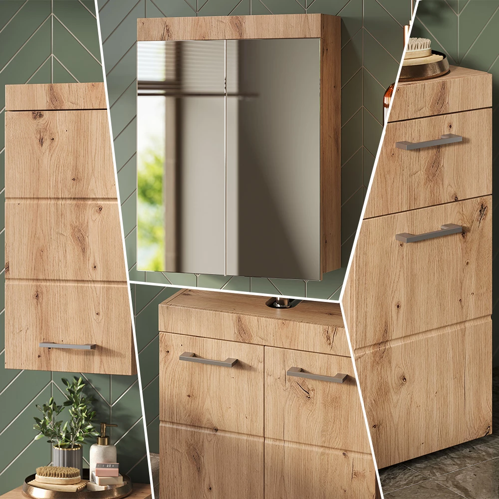 Nahaufnahme von Badmöbel-Set in Eiche Wotan, zeigt Textur/Details