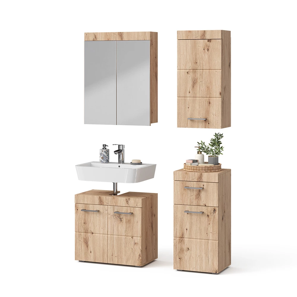 Badmöbel-Set in Eiche Wotan auf weißem Hintergrund mit dekorativen Elementen