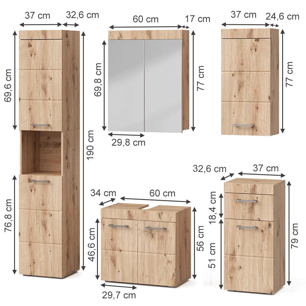 Set mobili bagno in Quercia Wotan on white background with visible dimensions