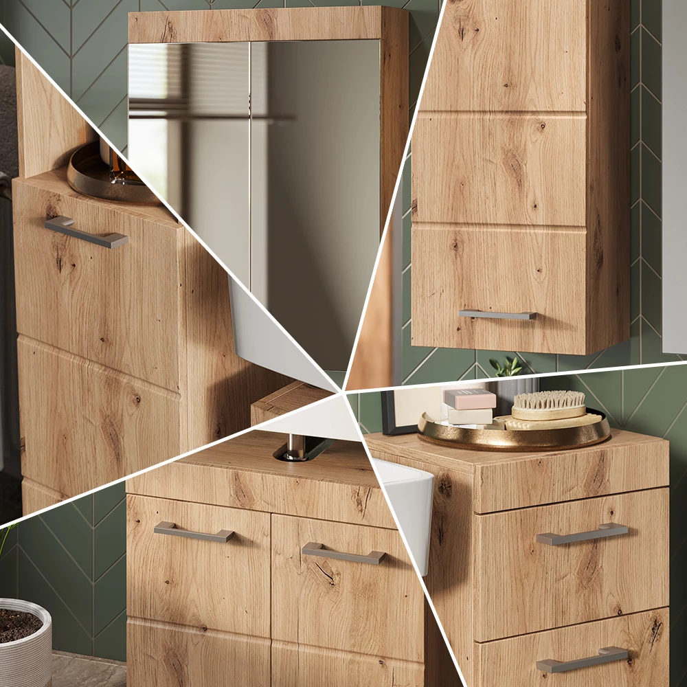 Close-up of Set mobili bagno in Quercia Wotan, showing texture/details