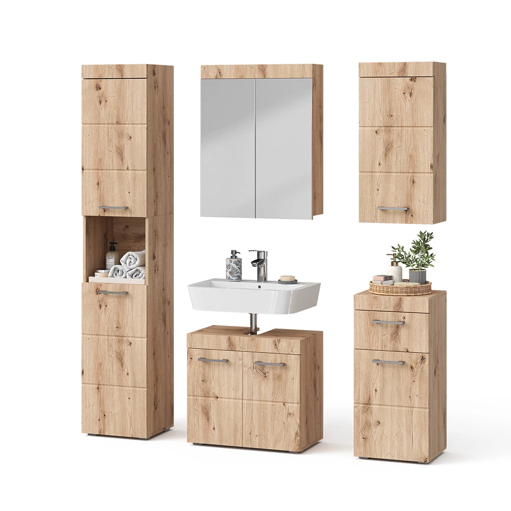 Set mobili bagno in Quercia Wotan on white background with decorative elements