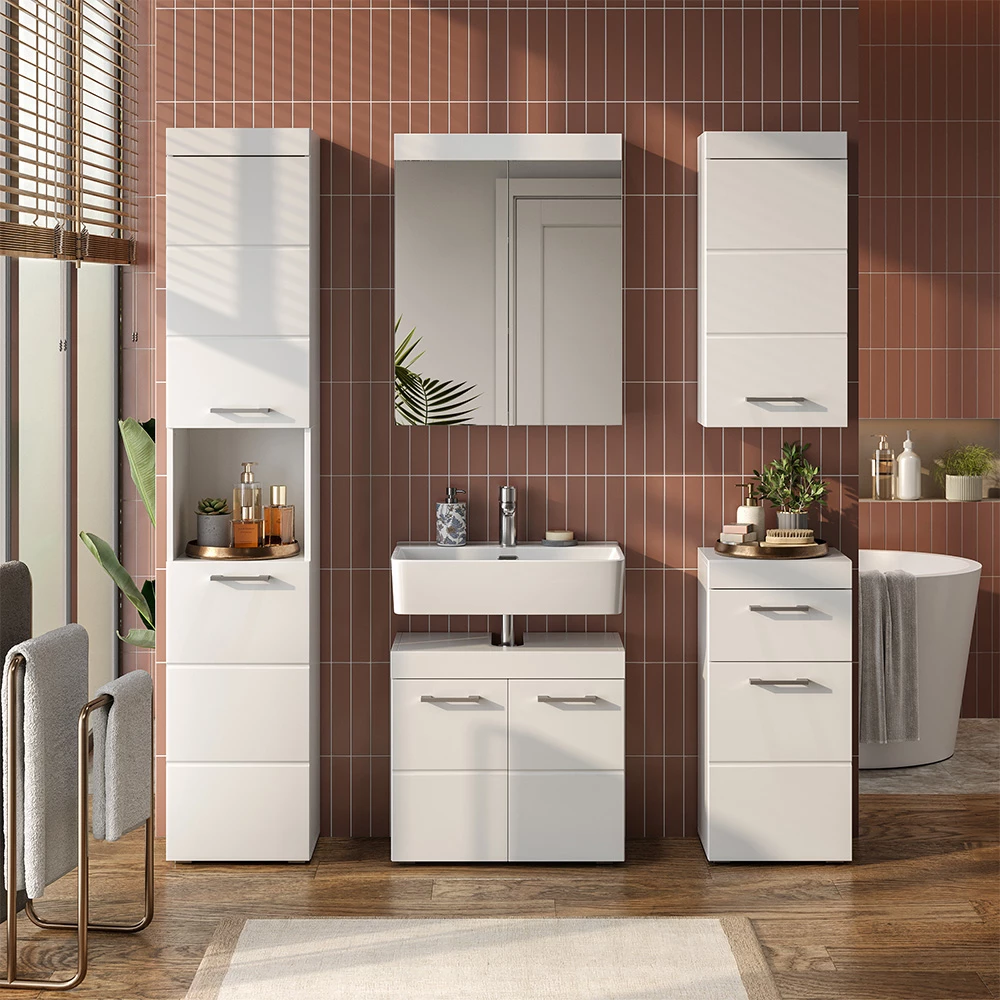 Meubles bain Luna Blanc 3 pièces, avec armoire haute Vicco