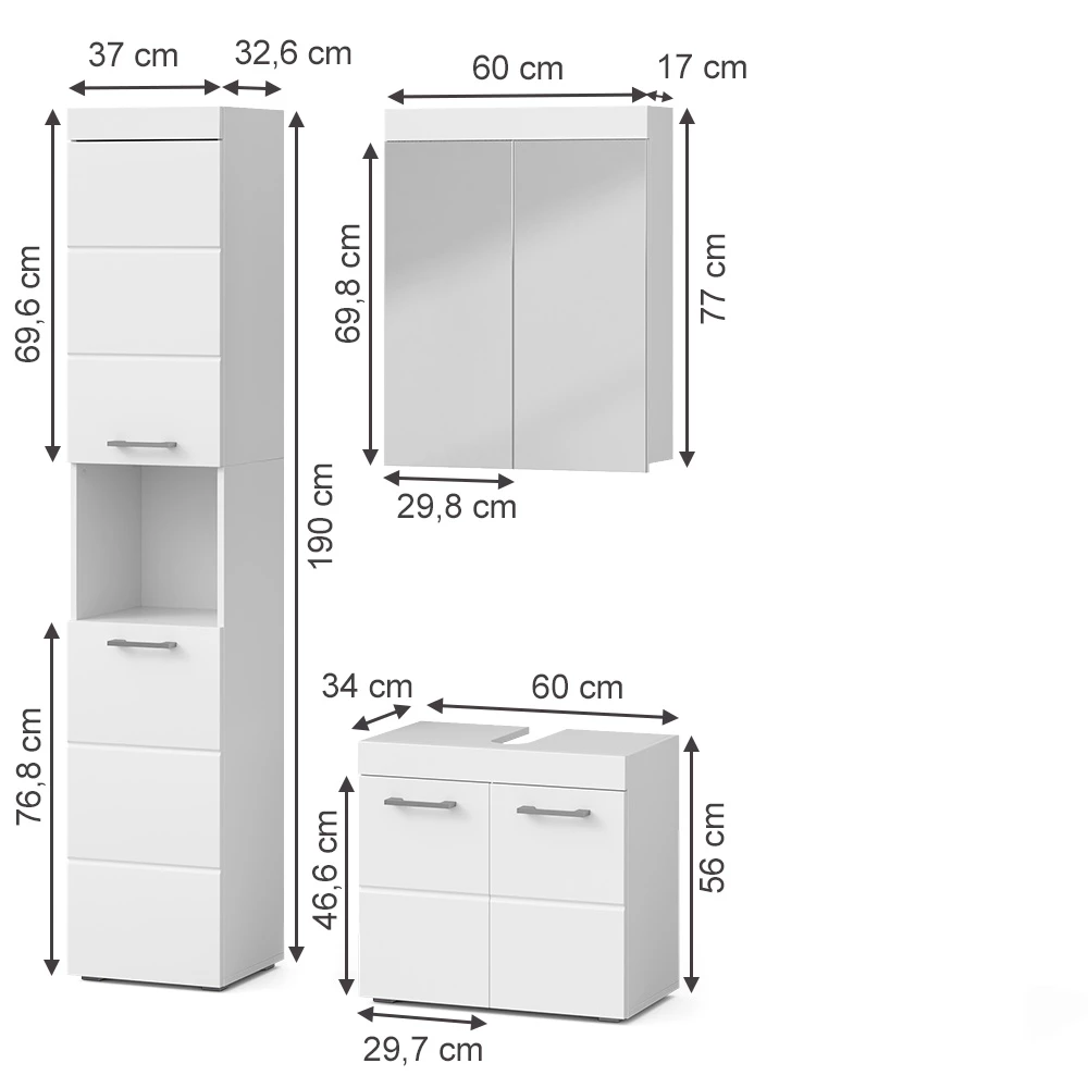 Meubles bain en Blanc sur fond blanc avec dimensions visibles