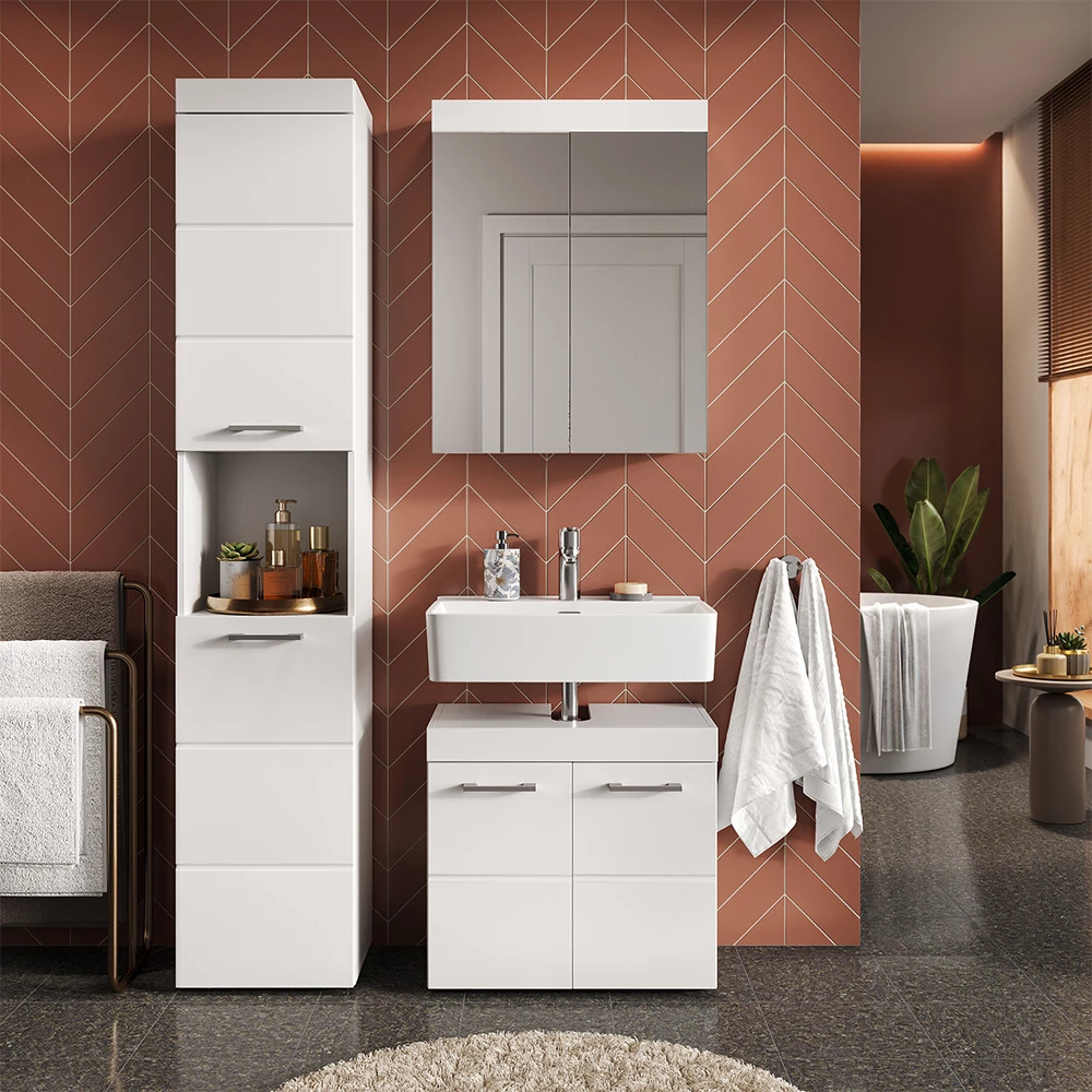 Meubles bain en Blanc, présenté dans un décor ambiant avec décoration