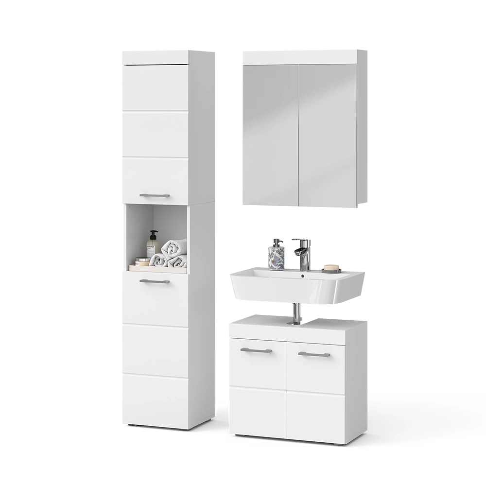 Meubles bain en Blanc sur fond blanc avec des éléments décoratifs