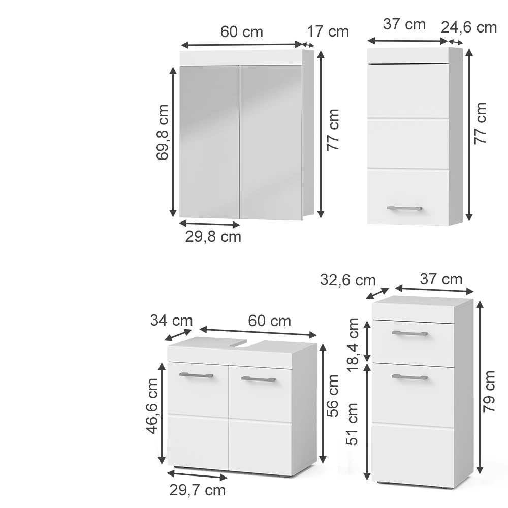 Fürdőszobabútor szett Fehér színben fehér háttéren, látható méretekkel