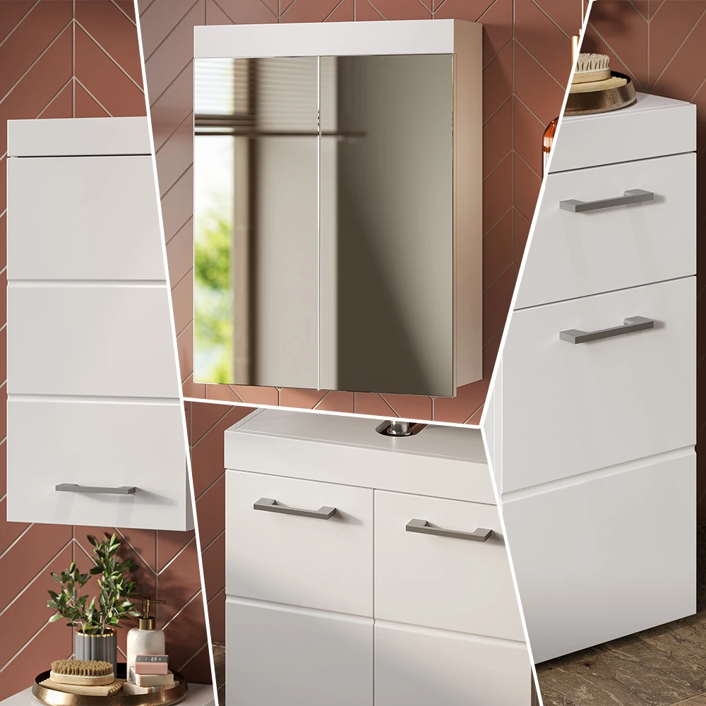 Fürdőszobabútor szett közeli kép Fehér színben, textúra/részletek bemutatásával