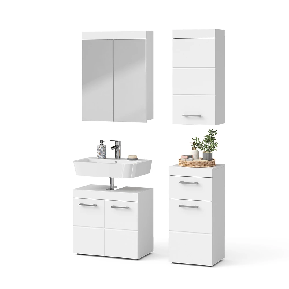 Fürdőszobabútor szett Fehér színben fehér háttéren dekoratív elemekkel