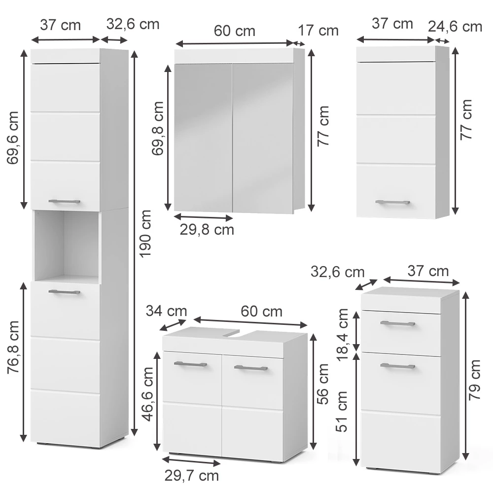 Set mobilier baie in Alb on white background with visible dimensions