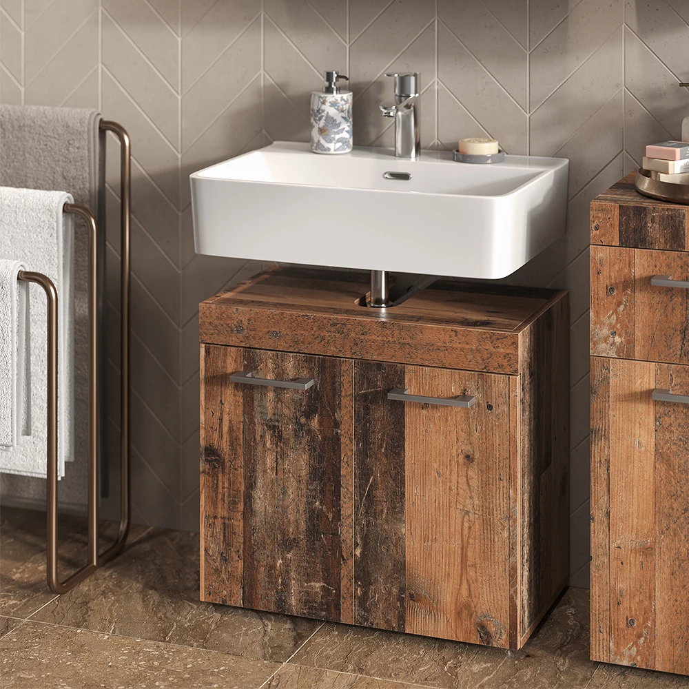 Nahaufnahme von Waschbeckenunterschrank in Oldstyle, zeigt Textur/Details