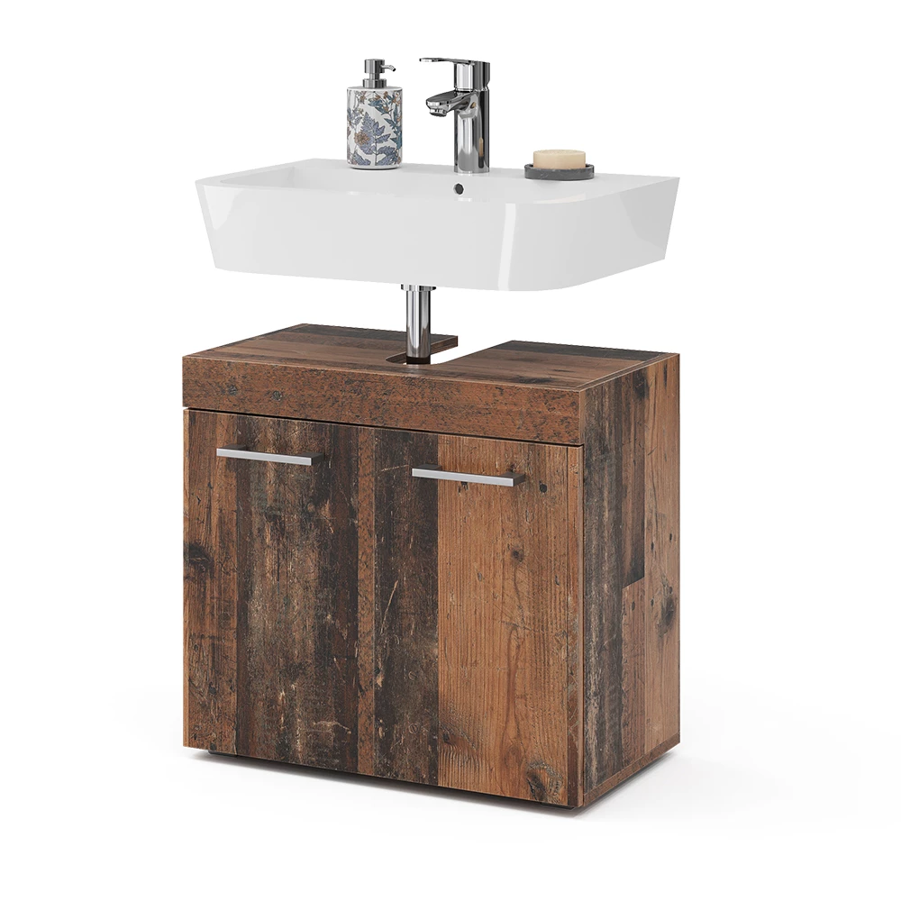 Waschbeckenunterschrank in Oldstyle auf weißem Hintergrund mit dekorativen Elementen