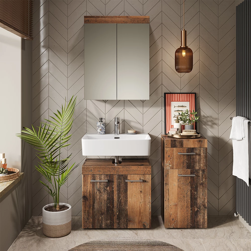 Ensemble de meubles de salle de bains en Oldstyle, présenté dans un décor ambiant avec décoration