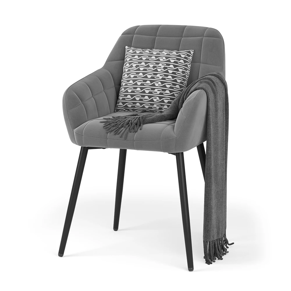 Esszimmerstuhl in Grau auf weißem Hintergrund mit dekorativen Elementen