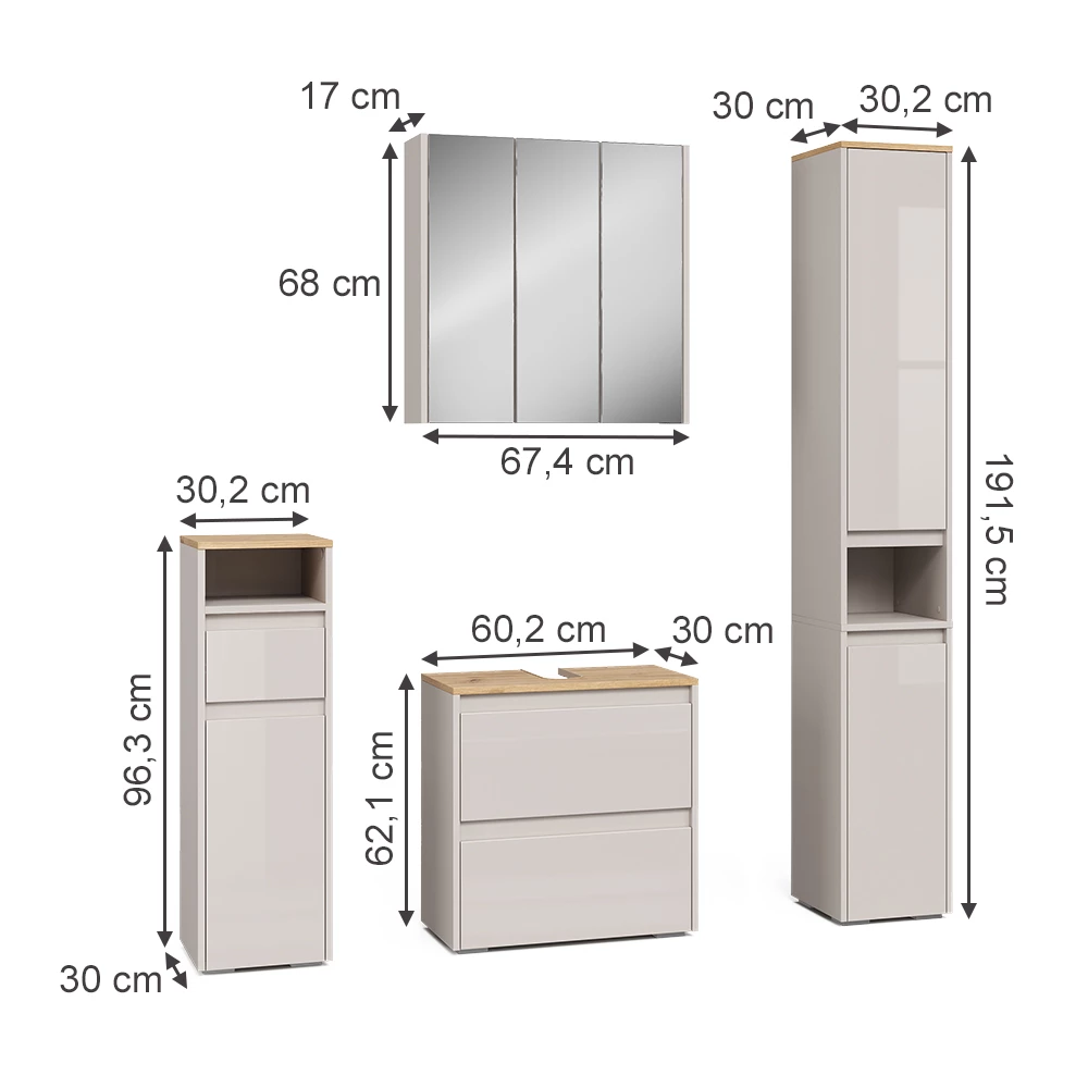 Set di mobili da bagno in Cachemire on white background with visible dimensions