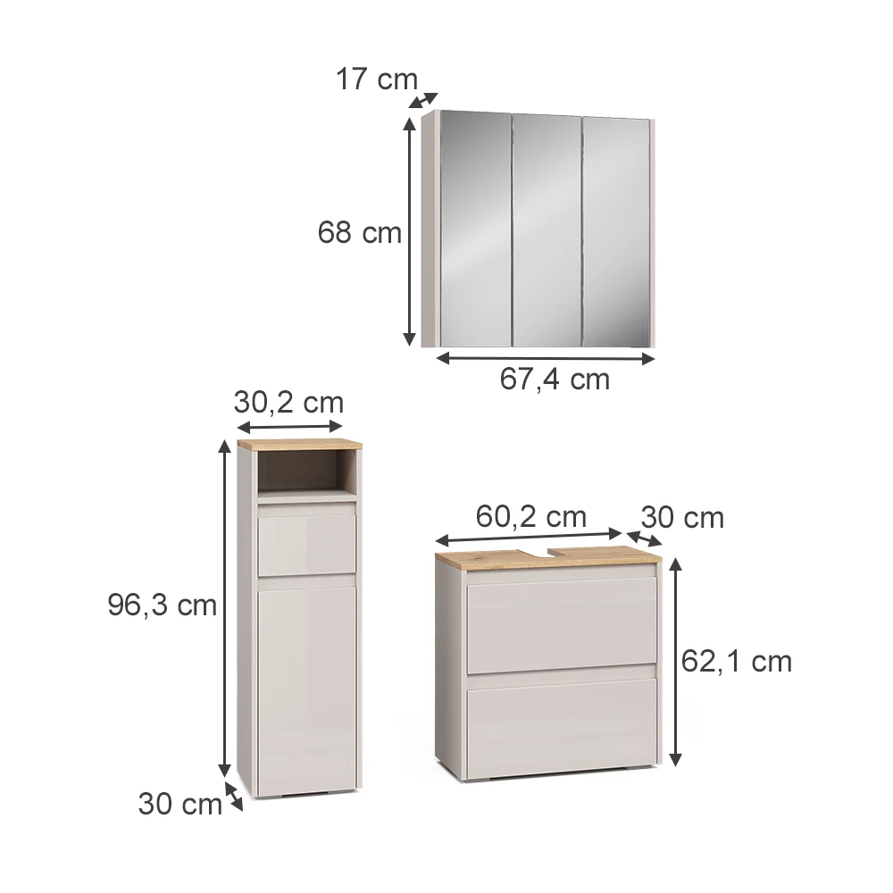 Set di mobili da bagno in Cachemire on white background with visible dimensions