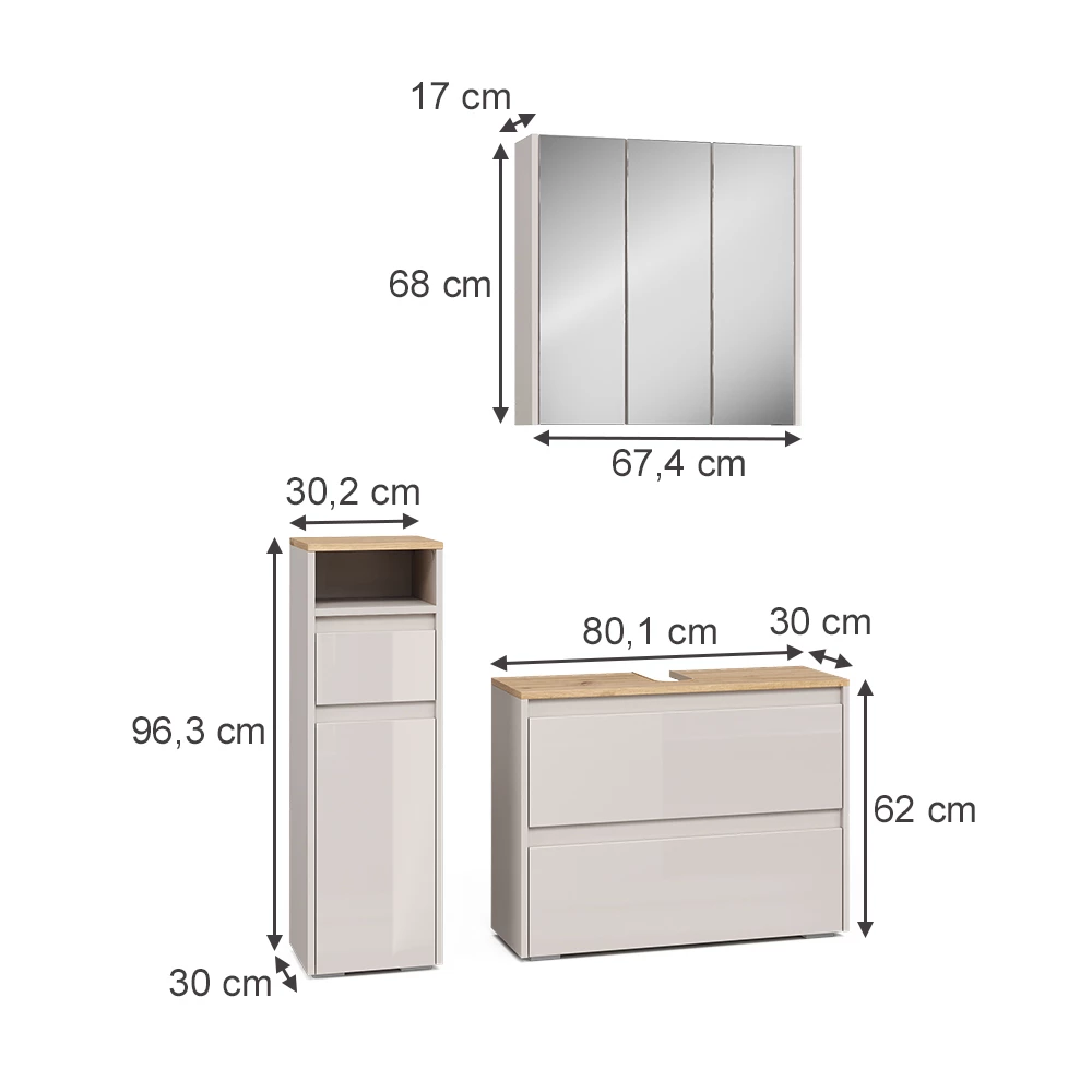 Set di mobili da bagno in Cachemire on white background with visible dimensions