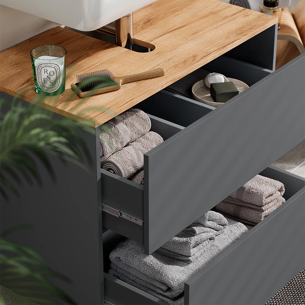 Nahaufnahme von Waschbeckenunterschrank in Anthrazit/Goldkraft Eiche, zeigt Textur/Details