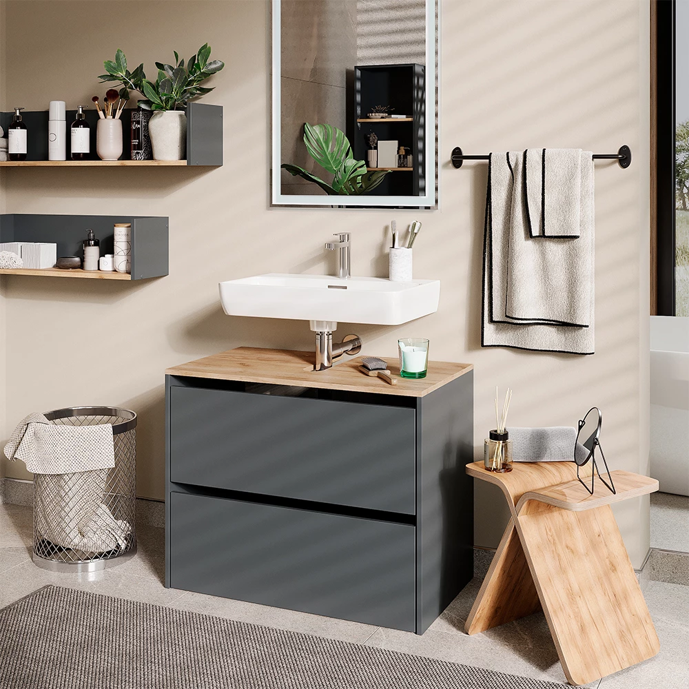 Waschbeckenunterschrank Viktor Anthrazit/Goldkraft Eiche 80.2 x 65 cm Vicco