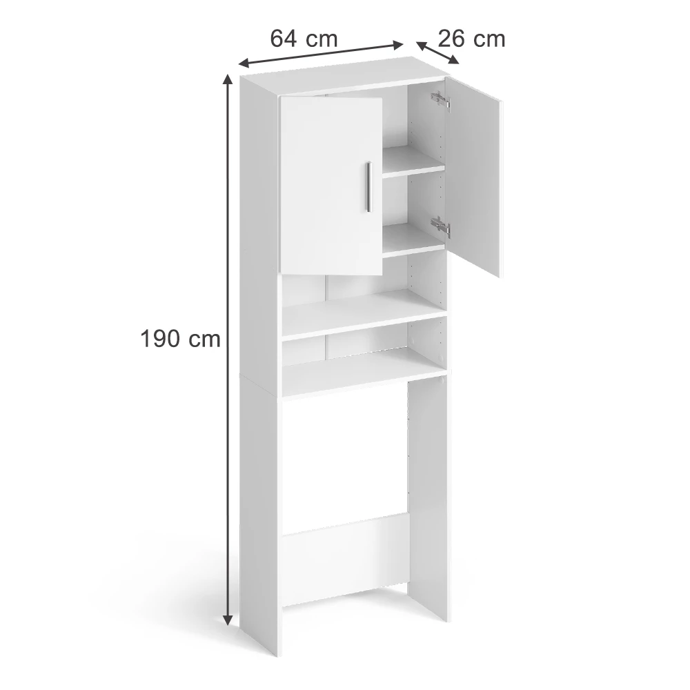 Waschmaschinenschrank in Weiß auf weißem Hintergrund mit sichtbaren Maßen