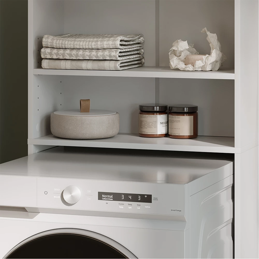 Nahaufnahme von Waschmaschinenschrank in Weiß, zeigt Design- und Oberflächendetails