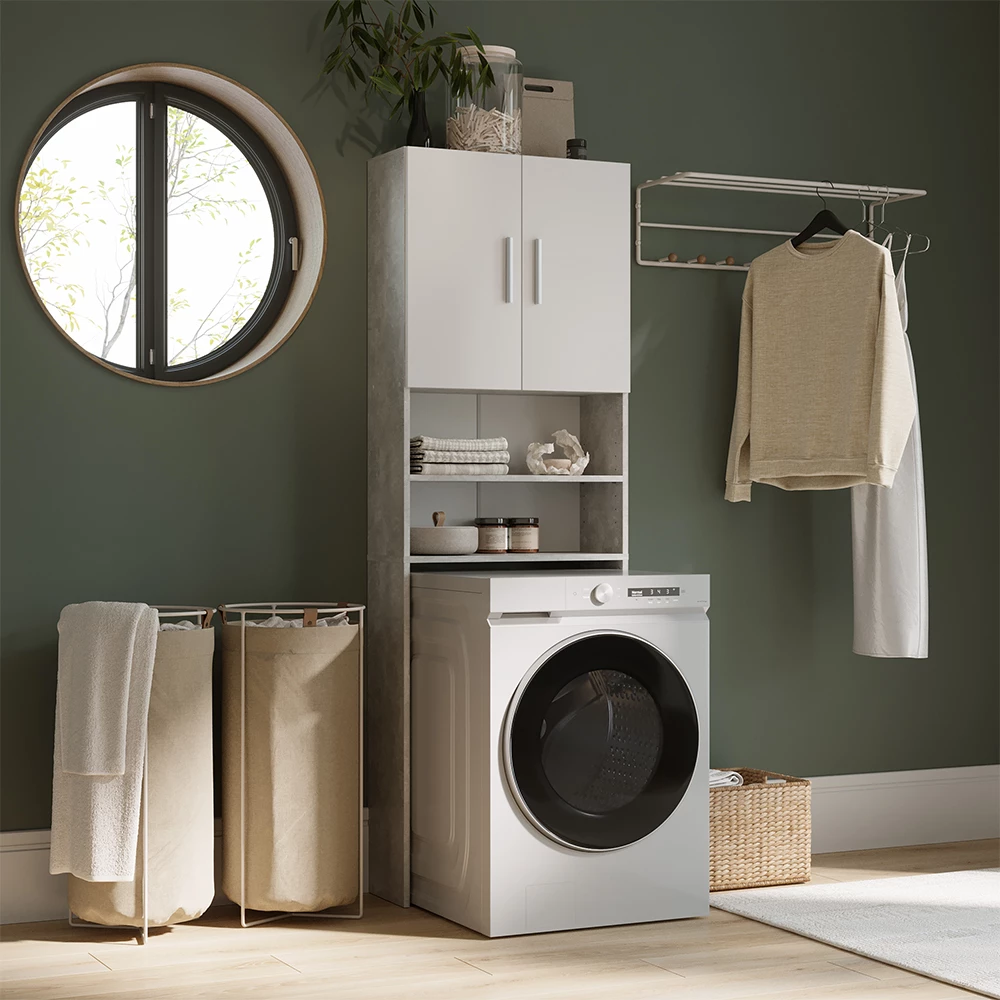 Waschmaschinenschrank in Beton, dargestellt im Ambiente mit Dekoration