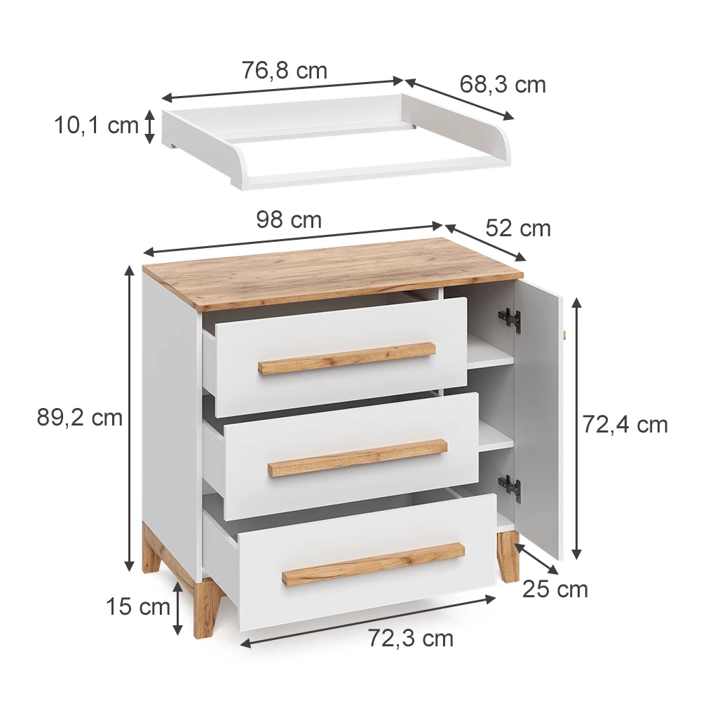 Pelenkázó komód Fehér színben fehér háttéren