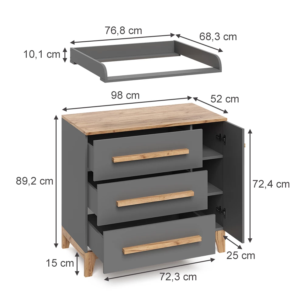 Pelenkázó komód Szürke színben fehér háttéren