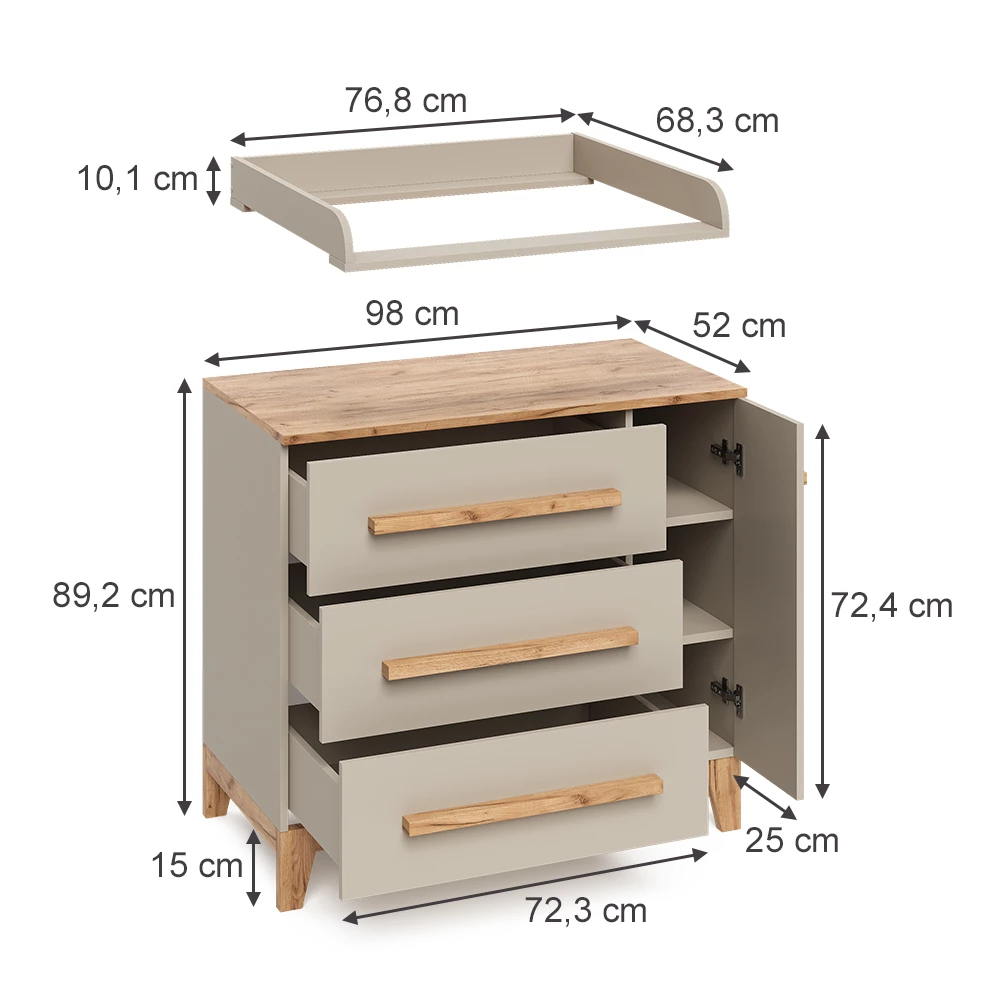 Pelenkázó komód Kasmír színben fehér háttéren