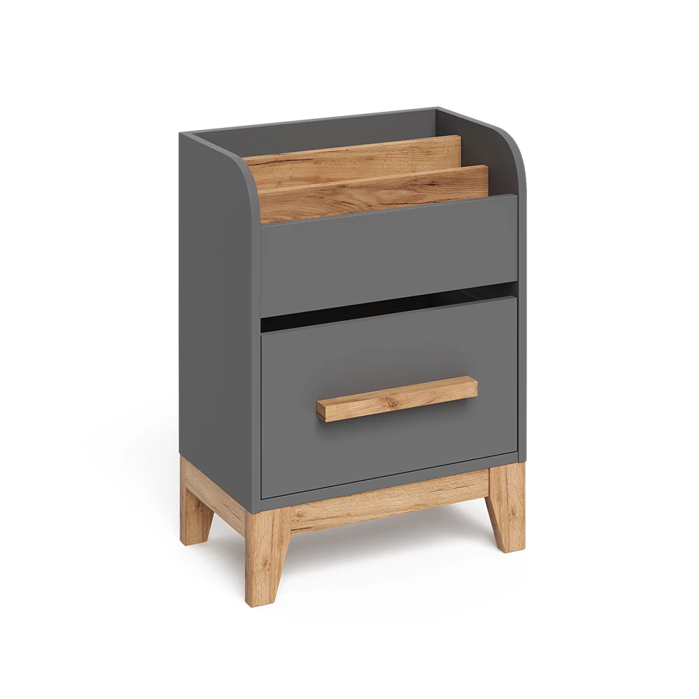 Kinderregal in Grau auf weißem Hintergrund