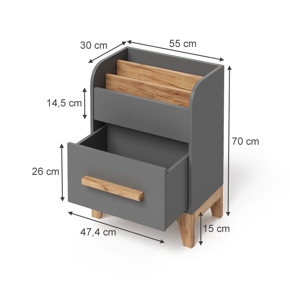 Kinderregal in Grau auf weißem Hintergrund